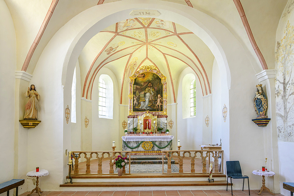 Interior shot with altar and church vault of the Schnappenkirche, Hochgern, Chiemgau Alps, Salzalpensteig, Upper Bavaria, Bavaria, Germany