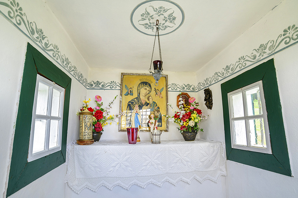 Interior shot of a small chapel with St, Mary's altar, Oberau, Berchtesgaden Alps, Salzalpensteig, Upper Bavaria, Bavaria, Germany