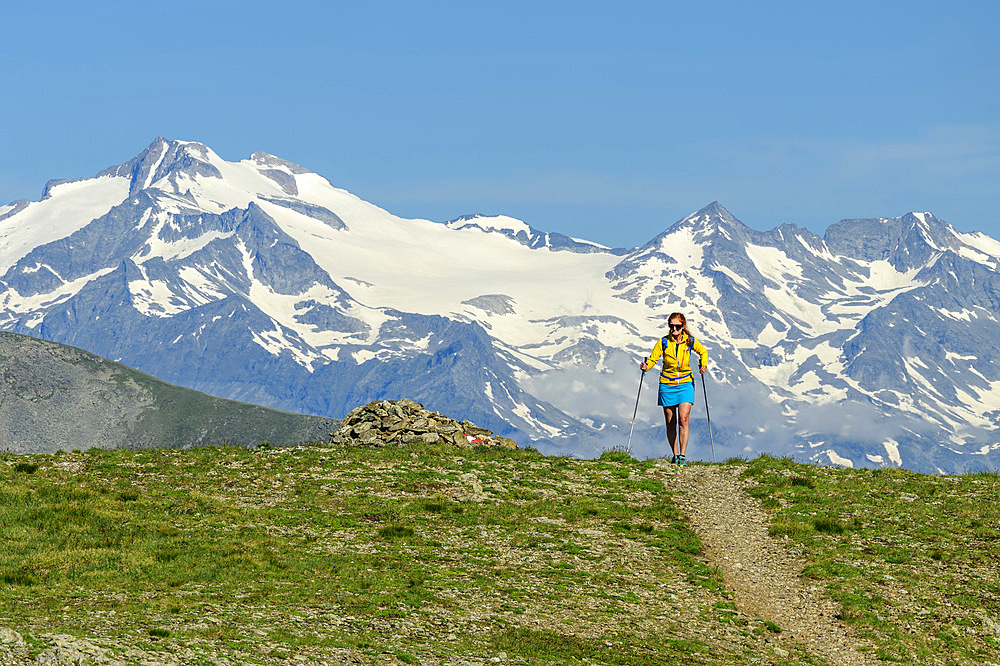 Woman hiking with Hochalmspitze in the background, Rödresnock, Nockberge, Nockberge-Trail, UNESCO Biosphere Park Nockberge, Gurktal Alps, Carinthia, Austria