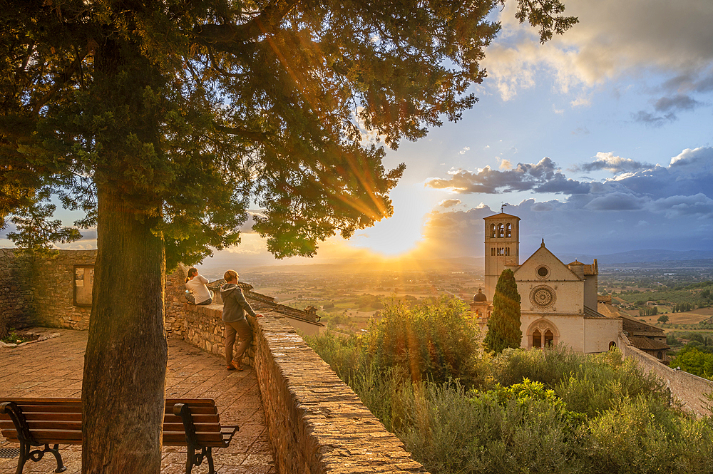 Sunset over the Basilica di San Francesco in Assisi, Perugia Province, Umbria, Italy