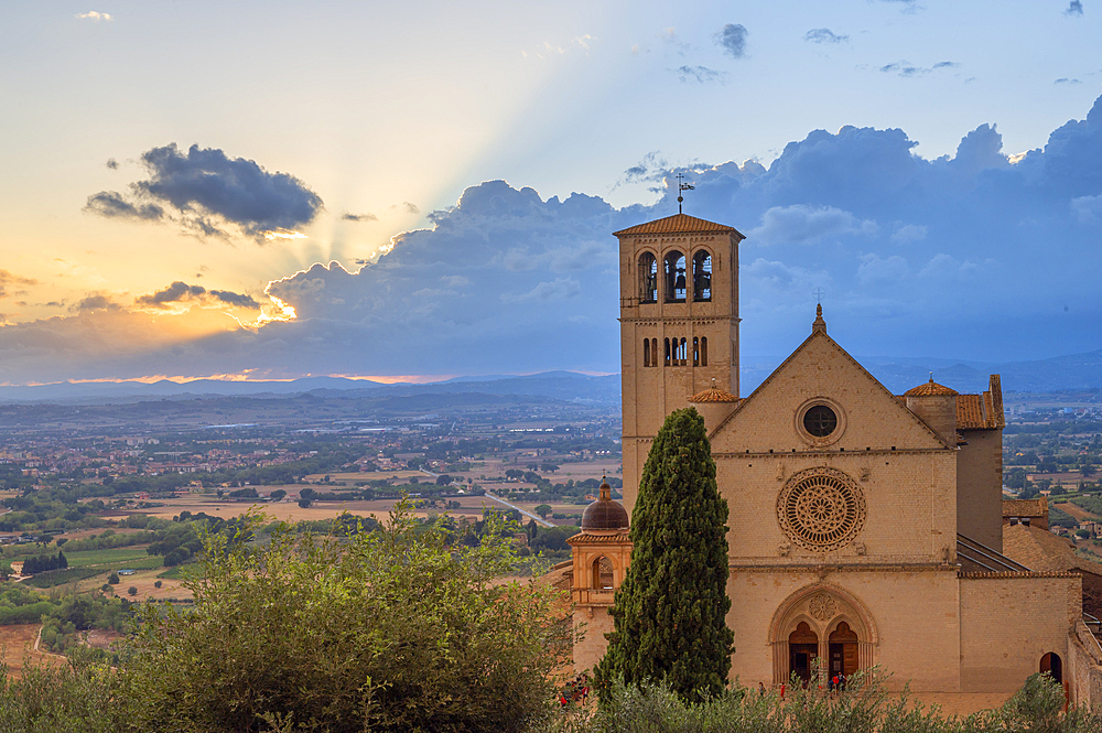 Sunset over the Basilica di San Francesco in Assisi, Perugia Province, Umbria, Italy