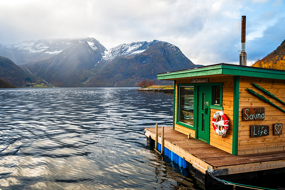 Sauna in Urke, Hjoerundfjord, Moere and Romsdal, black and white, Hurtigrute, Norway, Europe