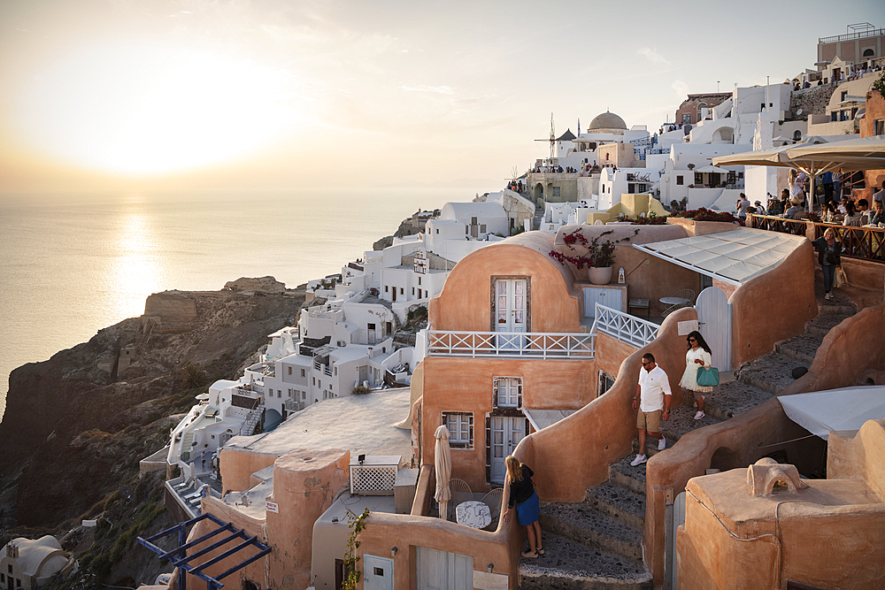 Sunset with a view over Oia, windmill, Santorini, Santorin, Cyclades, Aegean Sea, Mediterranean Sea, Greece, Europe