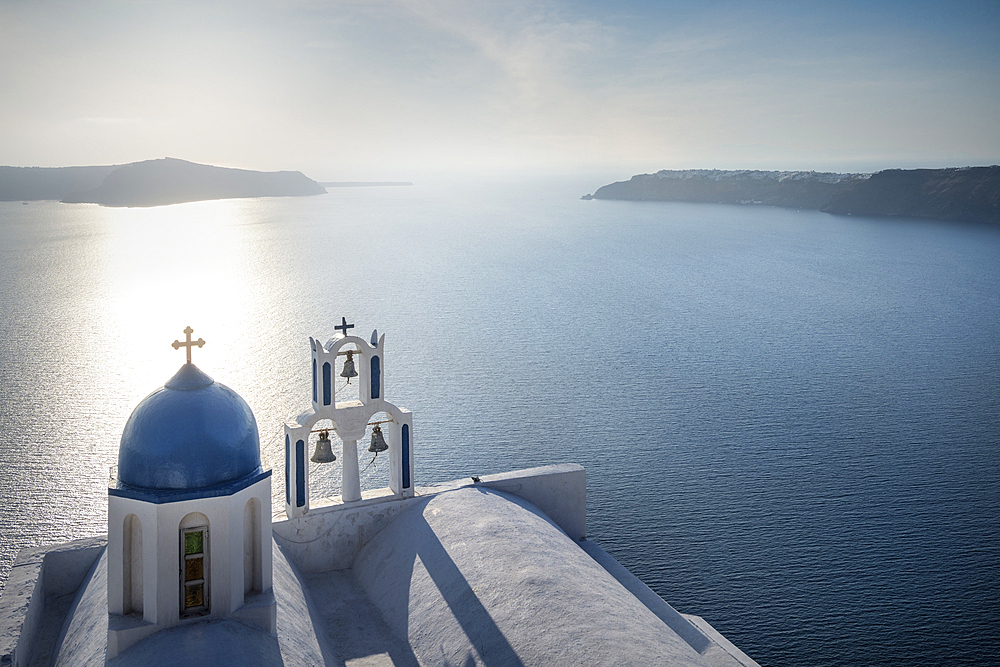 Greek Orthodox Church, view from Fira to the caldera of Santorini, Santorin, Cyclades, Aegean Sea, Mediterranean Sea, Greece, Europe