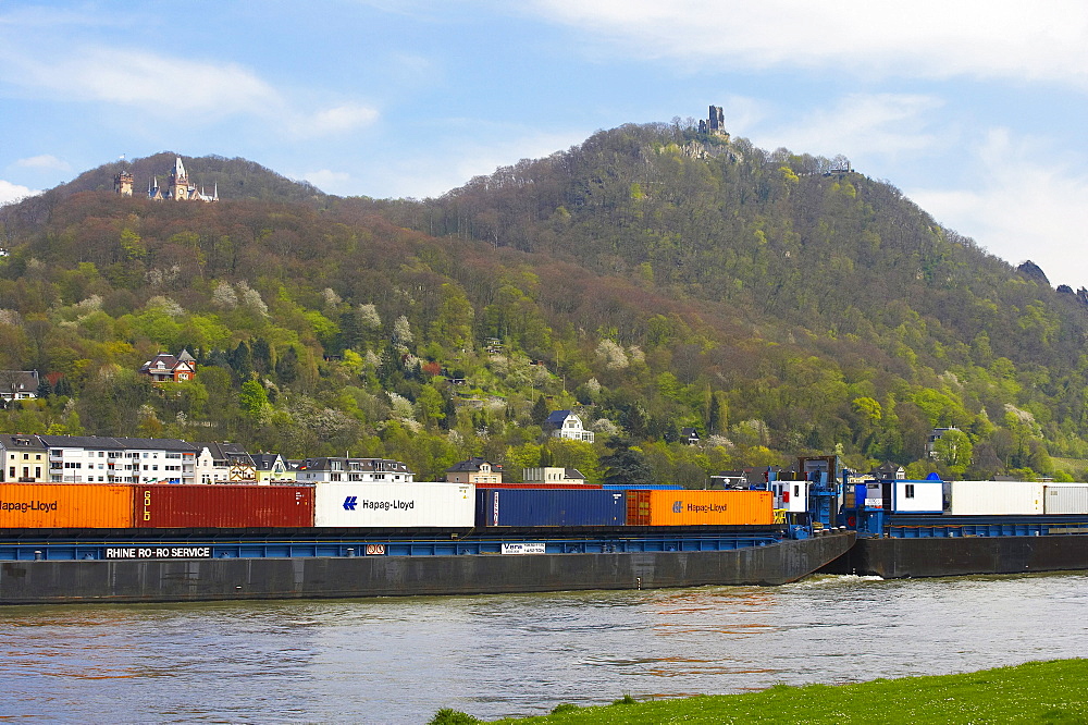 Spring, day, view at Koenigswinter with Schloss Drachenburg (castle) and Drachenfels, Siebengebirge, Rhine, North Rhine- Westfalia, Germany, Europe