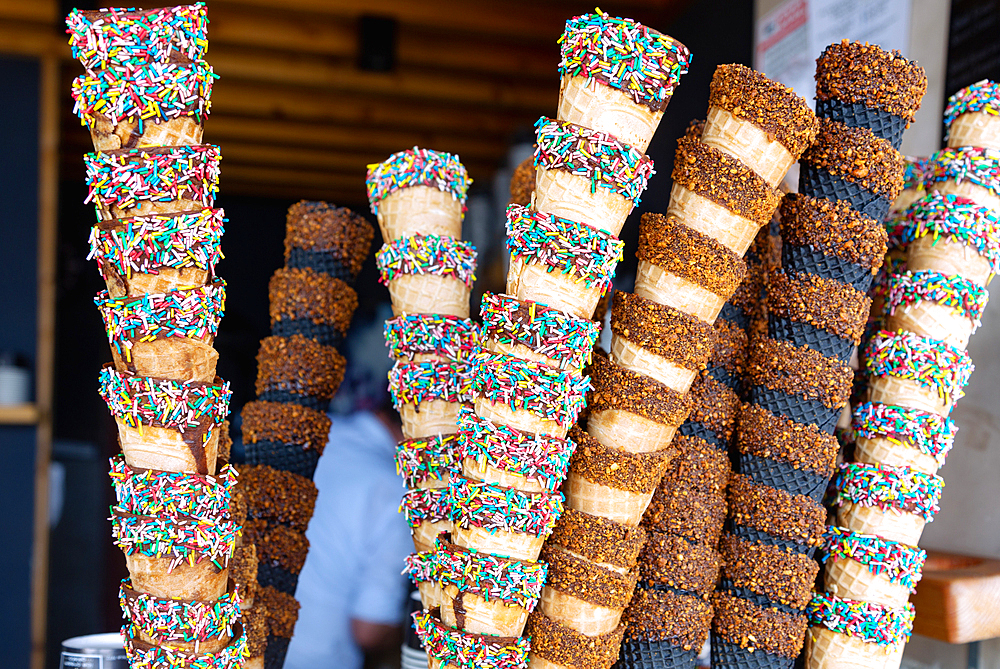 Ice cream parlor with colorful decorative ice cream cones in Vodice