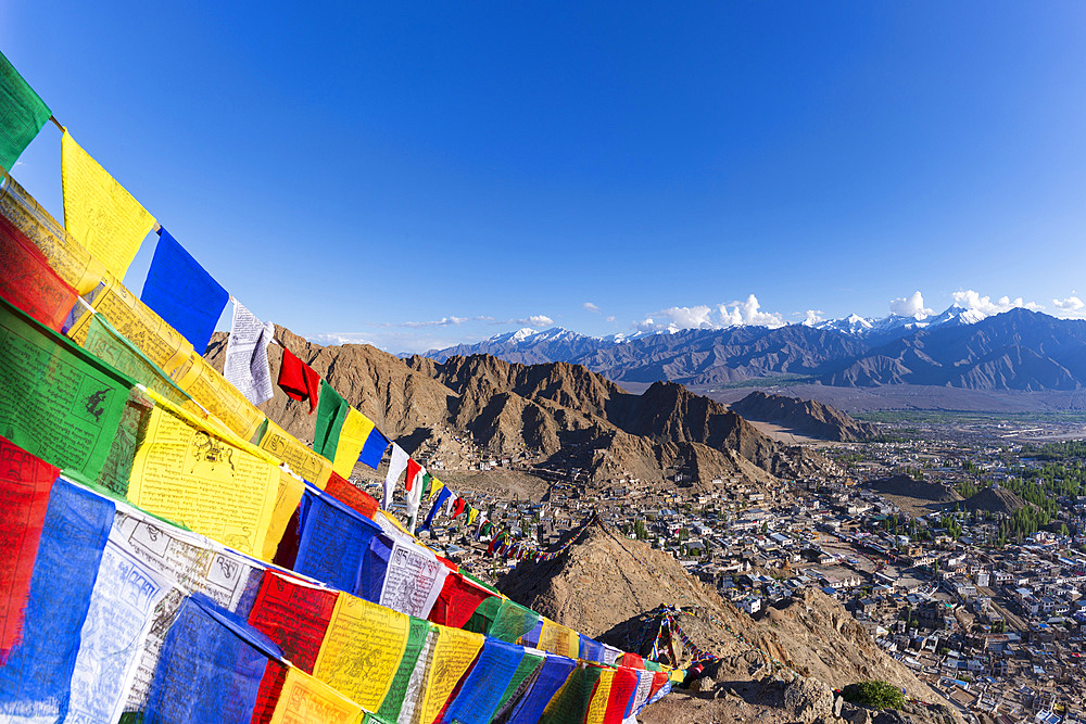 Panorama from Tsenmo Hill over Leh and the Indus Valley to Hemis National Park with Stok Kangri, 6153m, Ladakh, Jammu and Kashmir, India, Asia