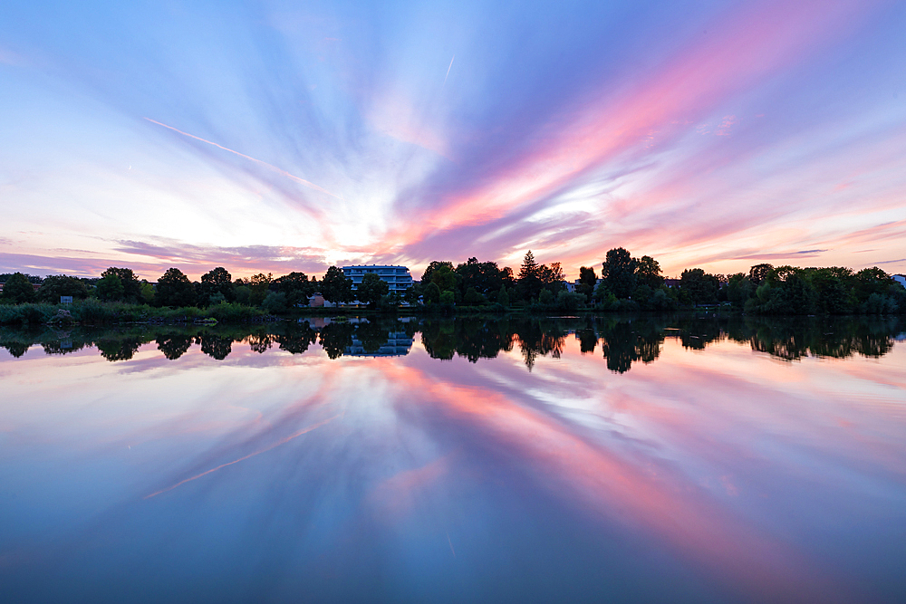 Spectacular sunset at the Main, Kitzingen, Lower Franconia, Franconia, Bavaria, Germany, Europe