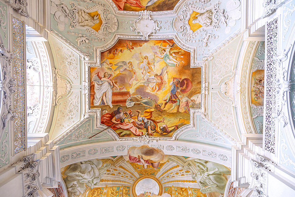 Michelfeld monastery, monastery church of St, John the Evangelist, interior, ceiling fresco Resurrection of Jesus by Cosmas Damian Asam