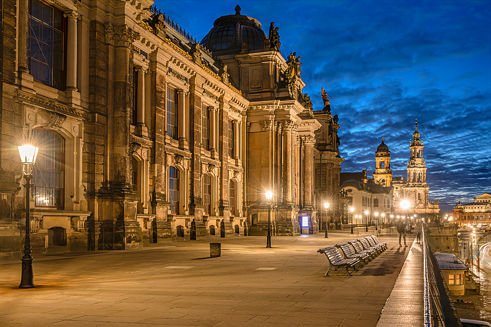 Brühlsche Terasse Dresden at night, Saxony, Germany