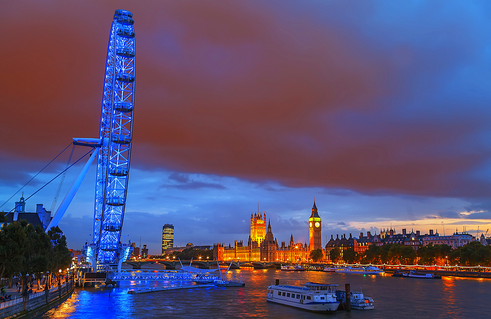 View of London Eye and Houses of Parliament, London, England, UK