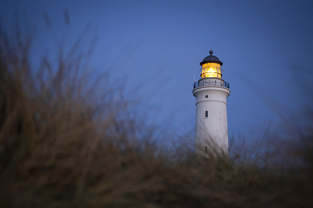 Hirtshals Lighthouse at the blue hour after sunset, Denmark