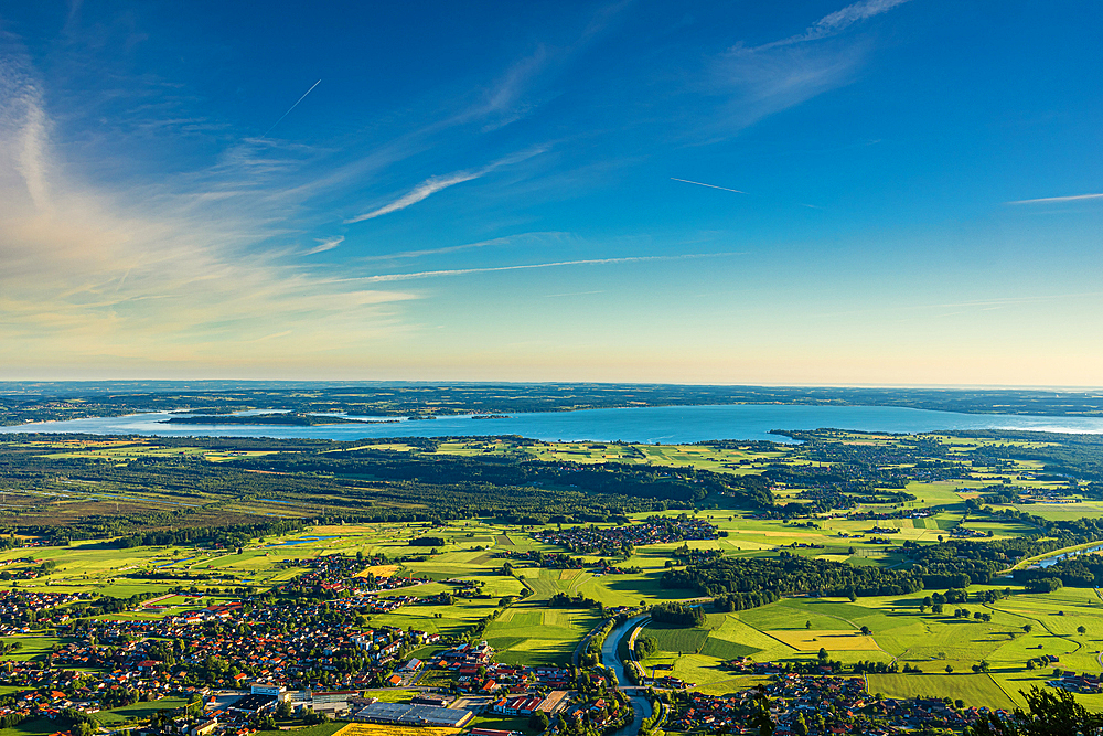 At sunrise view of the Chiemsee and the Tiroler Ache from the Hochgern, Chiemgau, Chiemgau Alps, Upper Bavaria, Bavaria, Germany