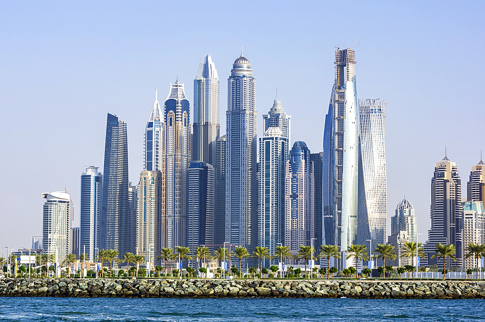 Views of Dubai Marina with yachts and skyscrapers, Dubai, United Arab Emirates, Middle East