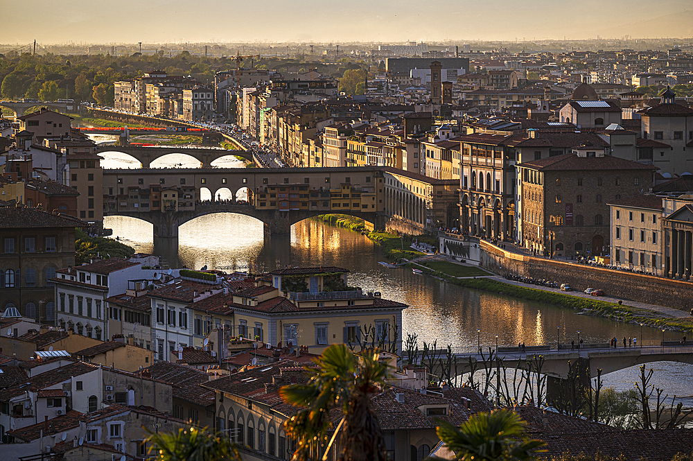 View from Piazzale Michelangelo to the old town and the river Arno with bridges, Florence (Italian Firenze, Tuscany region, Italy, Europe