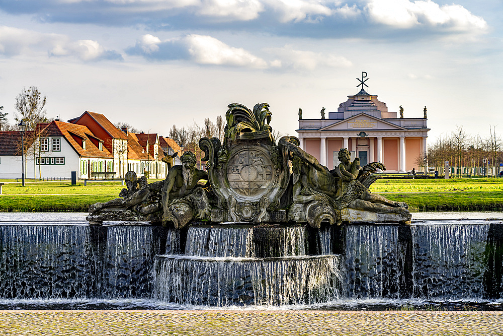 The large cascade in the castle park and the town church Ludwigslust, Mecklenburg-Vorpommern, Germany