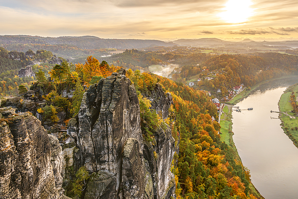 View from the Bastei viewpoint in autumn, Saxon Switzerland, Saxony, Germany