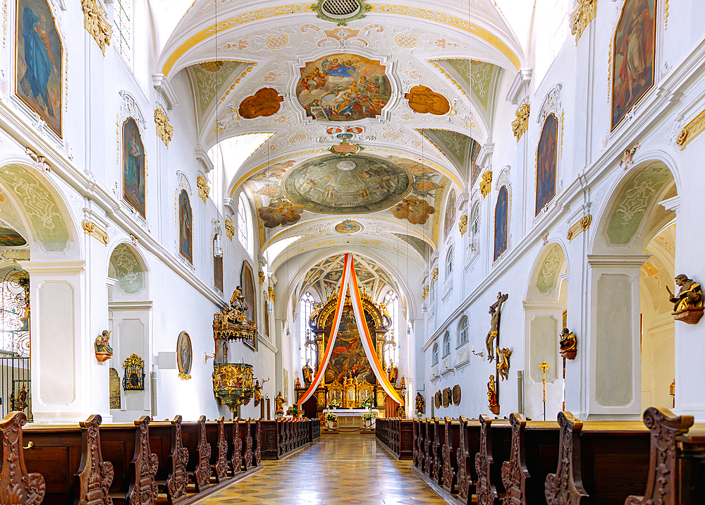 Interior of the parish church of St. Emmeram (former Benedictine abbey church of the Assumption of Mary) in Geisenfeld in Upper Bavaria in Germany