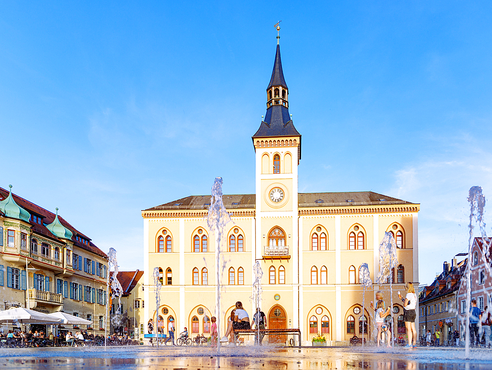 Neo-Gothic town hall and fountain on the main square in Pfaffenhofen an der Ilm in Upper Bavaria in Germany