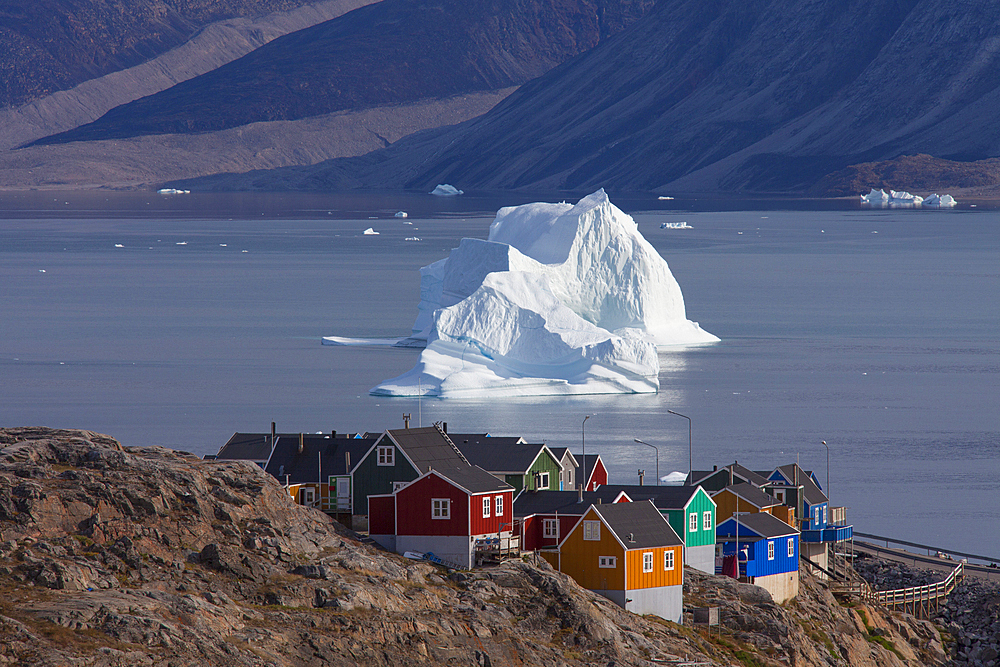 Colorful houses and icebergs, Uummannaq, North Greenland, Greenland