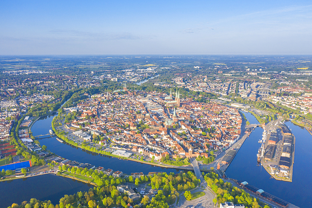 View of the old town and churches of Luebeck, Hanseatic City of Luebeck, Schleswig-Holstein, Germany