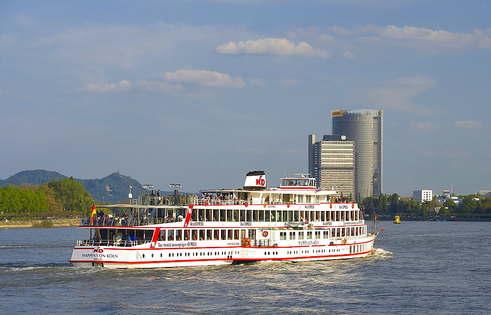 outdoor photo, spring, evening, Rhine at Bonn with the Post Tower, Langer Eugen and Drachenfels, Rhineland, North Rhine-Westphalia, Germany, Europe