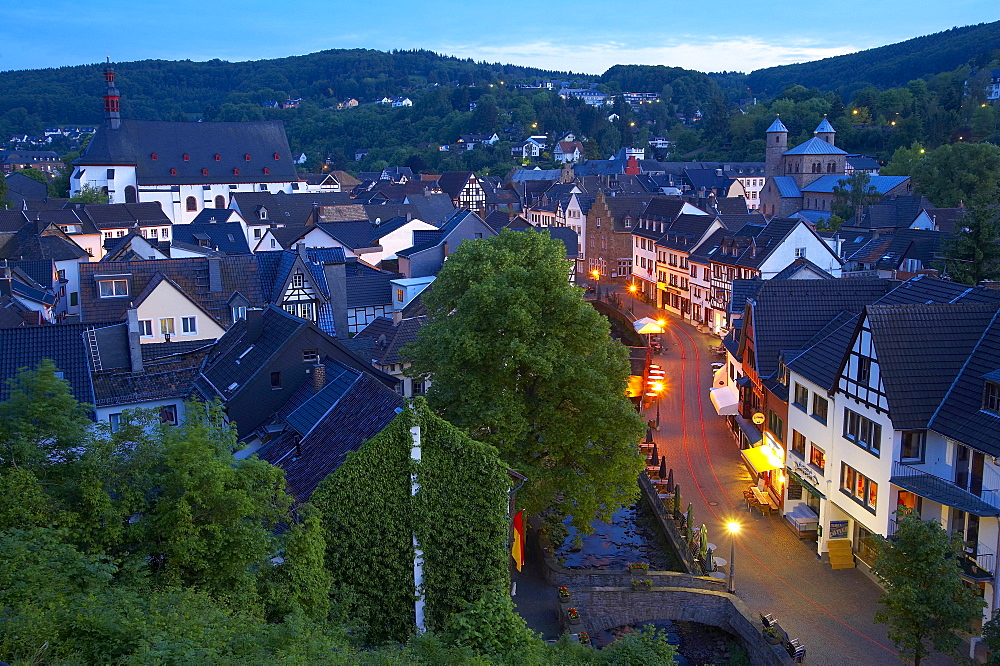 view at Bad Muenstereifel, valley of the river Erft, northern part of Eifel, outdoor photo, evening, spring, North Rhine-Westphalia, Germany, Europe