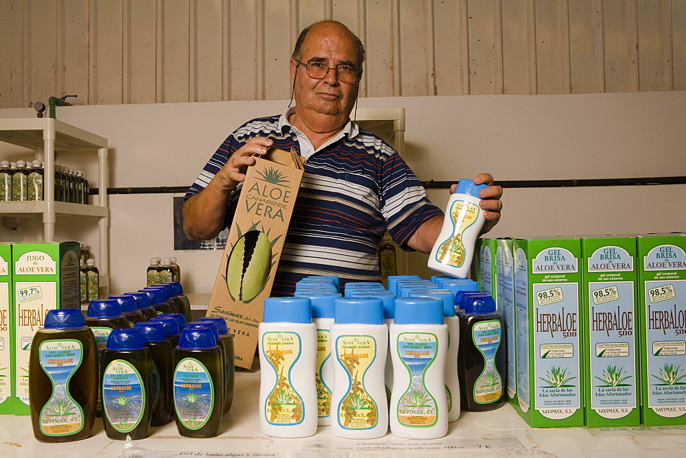 Managing director Juan Rodriguez Marrero with Aloe Vera products, Valles de Ortega, Fuerteventura, Canary Islands, Spain, Europe