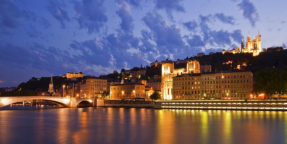 Panorama at night of Saone river, Lyon, Rhone Alps, France