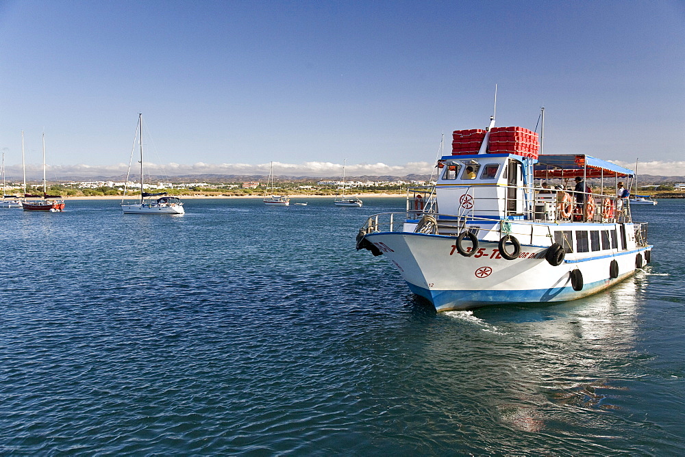 Boat to the island Ilhe de Tavira, crossing the laguna, Tavira, Algarve, Portugal