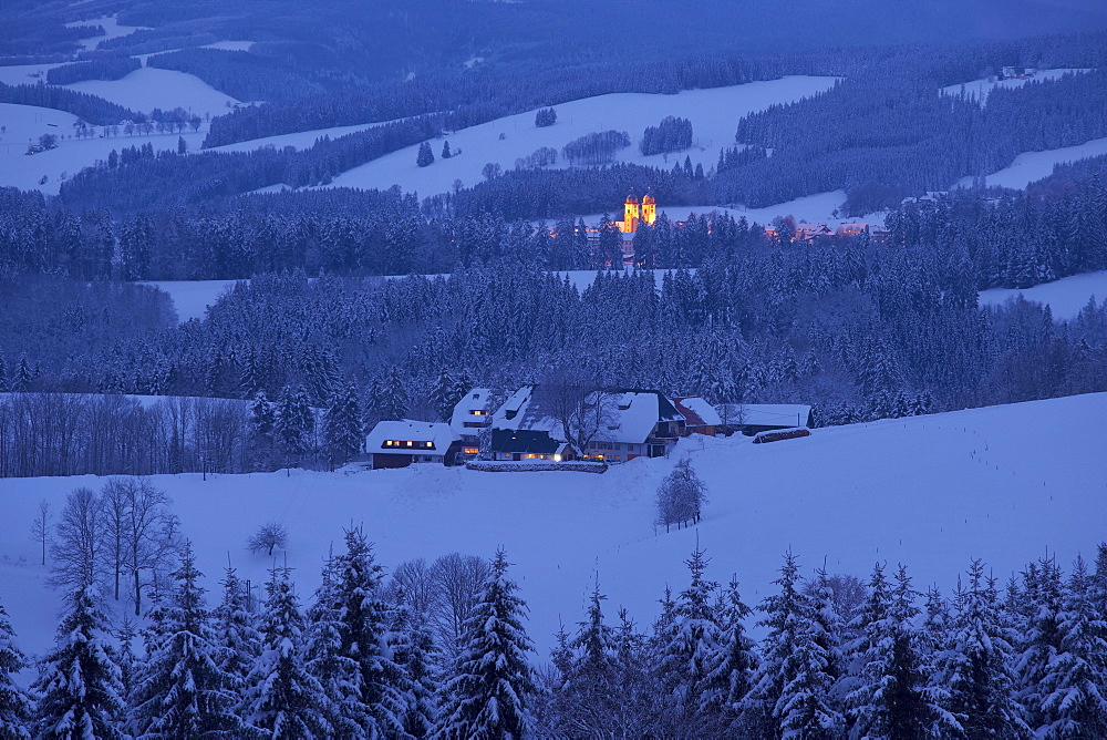 Winter's evening, View from the Thurner over the farmhouse Brosihof and St. Maergen, Black Forest, Baden-Wuerttemberg, Germany, Europe