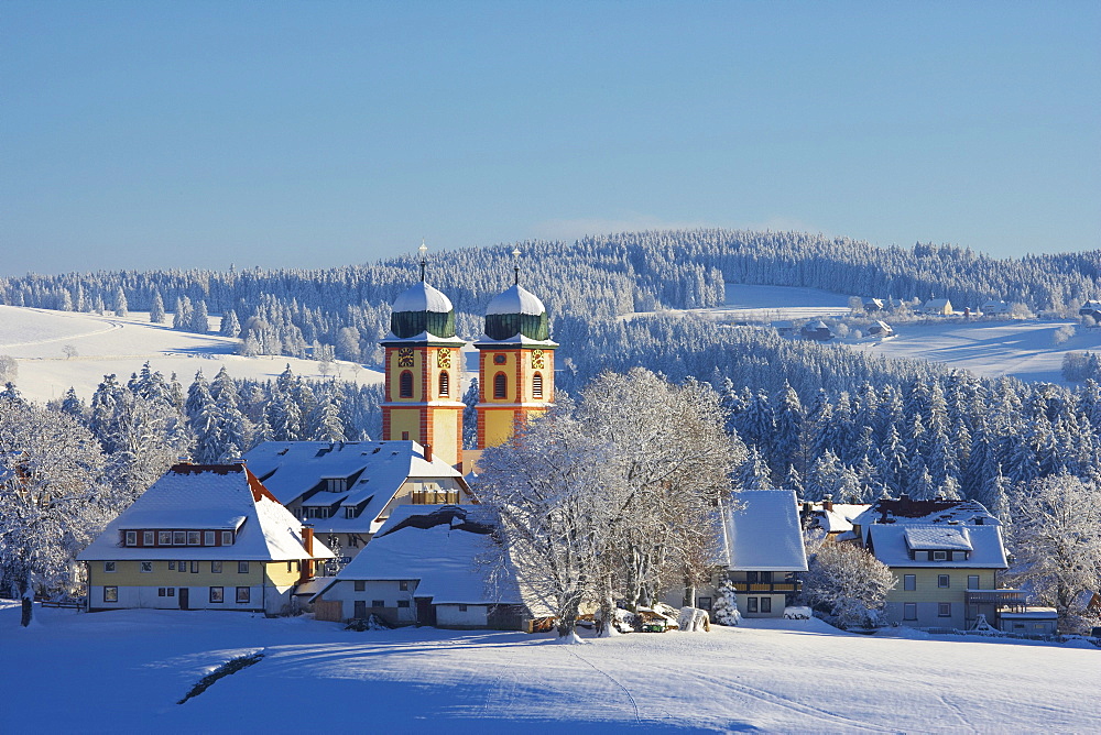 Winter's day, View at St. Maergen, Church tower, Farmhouse, Black Forest, Baden-Wuerttemberg, Germany, Europe