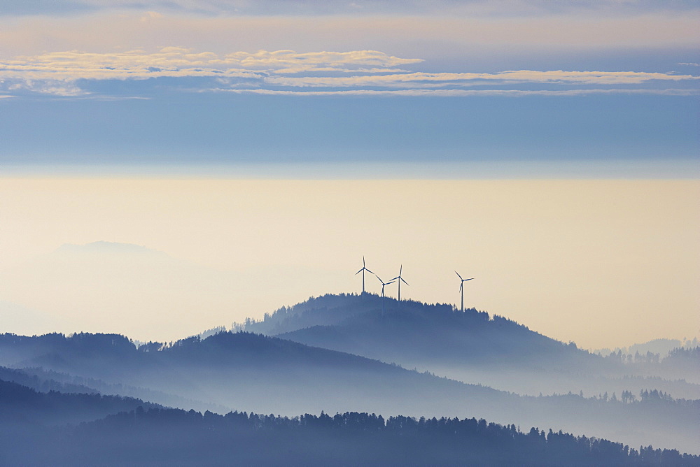 Winter's day on the Kandel, Fog, Rosskopf with wind-power plant, Black Forest, Baden-Wuerttemberg, Germany, Europe