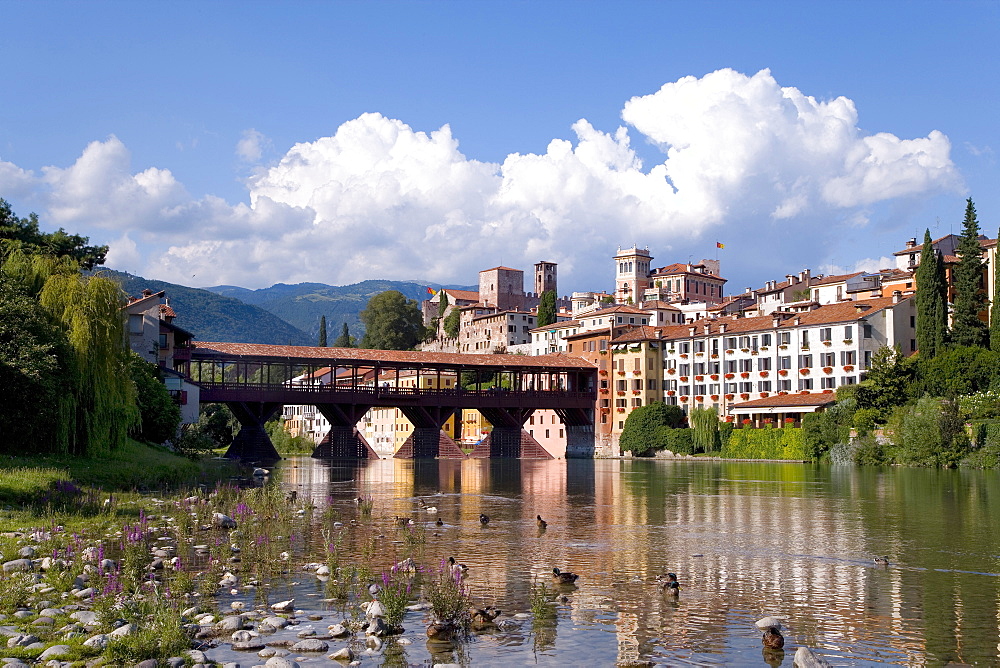 Alpini Bridge, Ponte degli Alpini, covered wooden pontoon bridge designed by the architect Andrea Palladio, Bassano del Grappa, Veneto, Italy