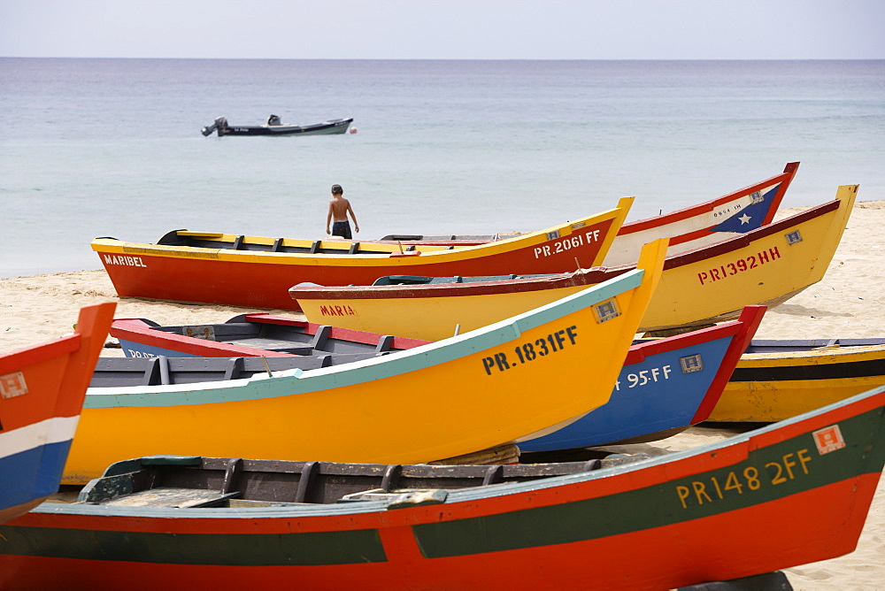 Colourful boats lying at the beach in the sunlight, Playa Crashboat, Puerto Rico, Carribean, America