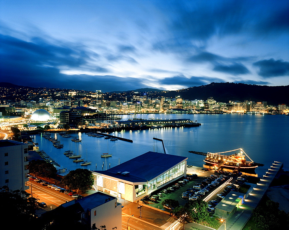 View over the illuminated Lambton Harbour with Clyde Quay Marina in the evening, Wellington, North Island, New Zealand