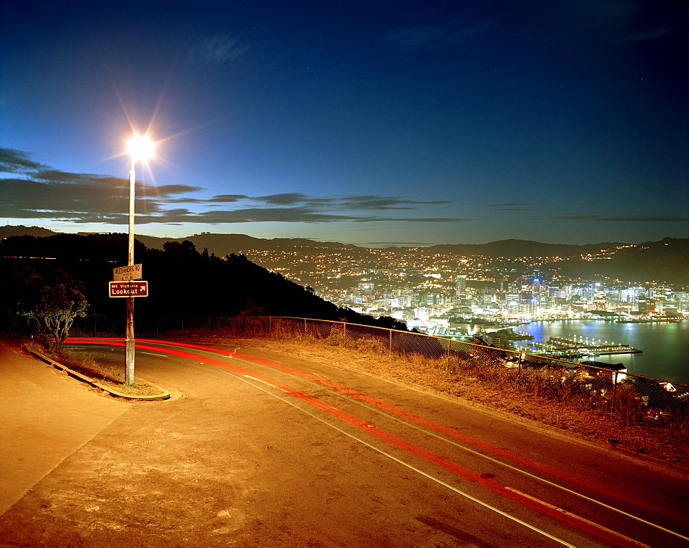 View from Mt. Victoria at Lambton Harbour at night, Wellington, North Island, New Zealand