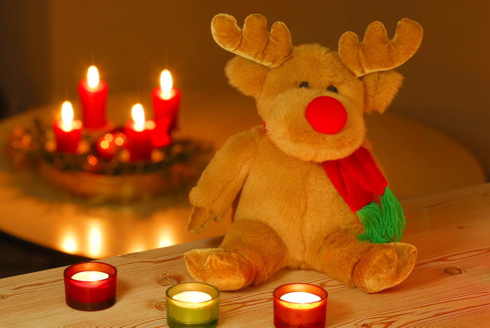 Rudolph the Red-Nosed Reindeer as stuffed animal sitting in front of burning candles, with advent wreath in background