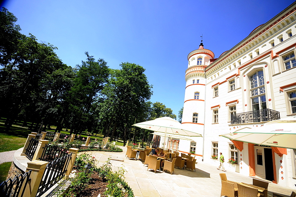 View at hotel Wojanow castle in the sunlight, Lomnica, Bohemian mountains, Lower Silesia, Poland, Europe