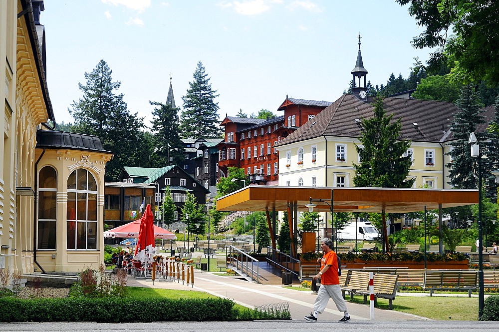 View at buildings at the health resort Janske Lazne, Bohemian mountains, Czech Republic, Europe