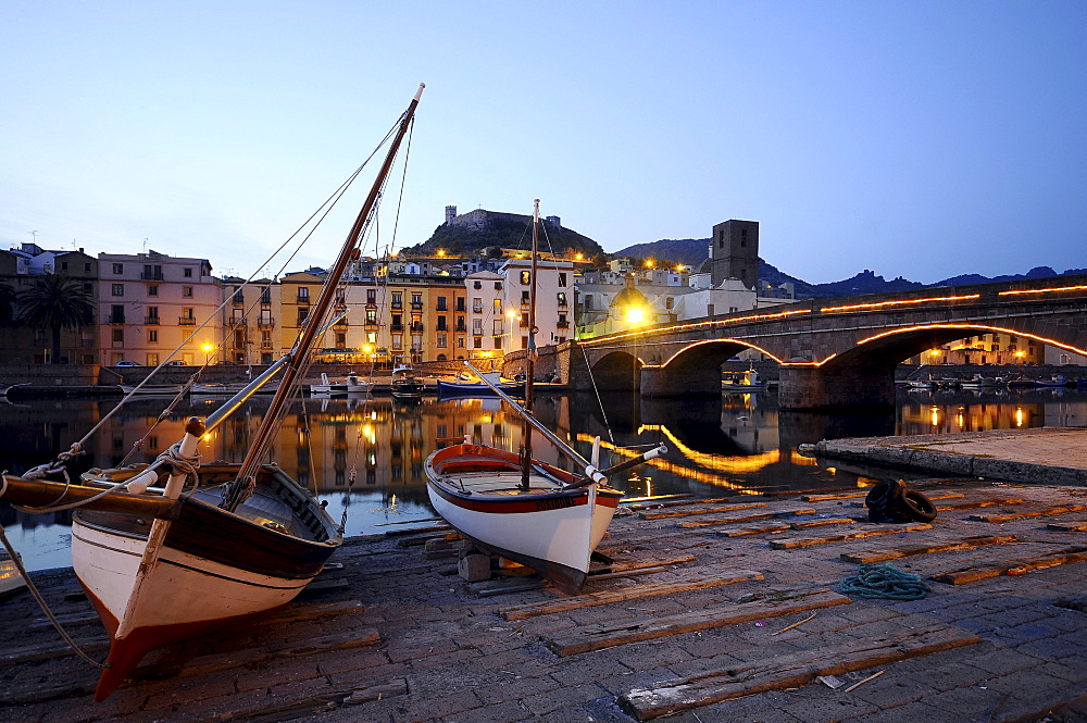 Houses and boats at the river Temo in the evening, Bosa, Sardinia, Italy, Europe