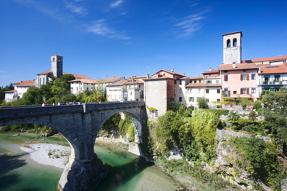 Natisone river with Devil's bridge (15th century, rebuilt in 1918), Cividale del Friuli, Friuli-Venezia Giulia, Italy