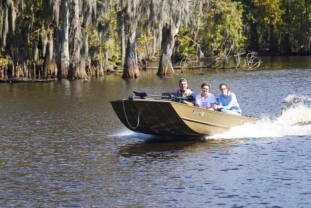 Tour on a swamp boat near Attakapas Landing on Lake Verret, near Pierre Part, Louisiana, USA