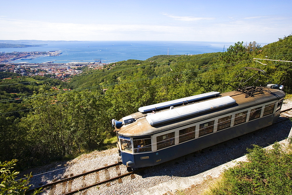 Tram to Opicina, view of Trieste in the background, Friuli-Venezia Giulia, Upper Italy, Italy