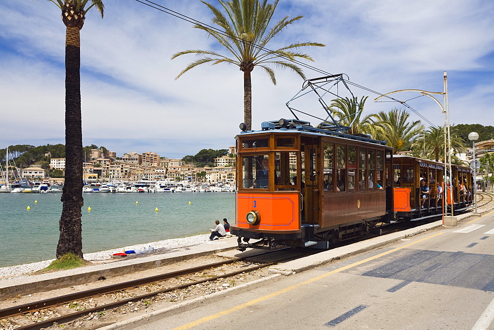 Nostalgic train Red Flash at the harbour Port de SÃ›ller, Soller, Mallorca, Balearic Islands, Spain, Europe