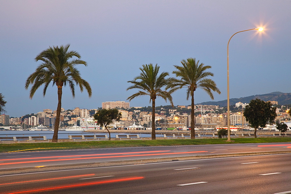 Seaside promenade Avinguda Gabriel Roca at dawn, Palma de Mallorca, Mallorca, Balearic Islands, Mediterranean Sea, Spain, Europe