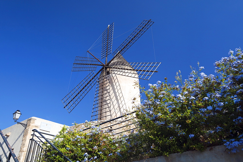 Historic windmill of Es Jonquet at the Old Town of Palma, Mallorca, Balearic Islands, Mediterranean Sea, Spain, Europe