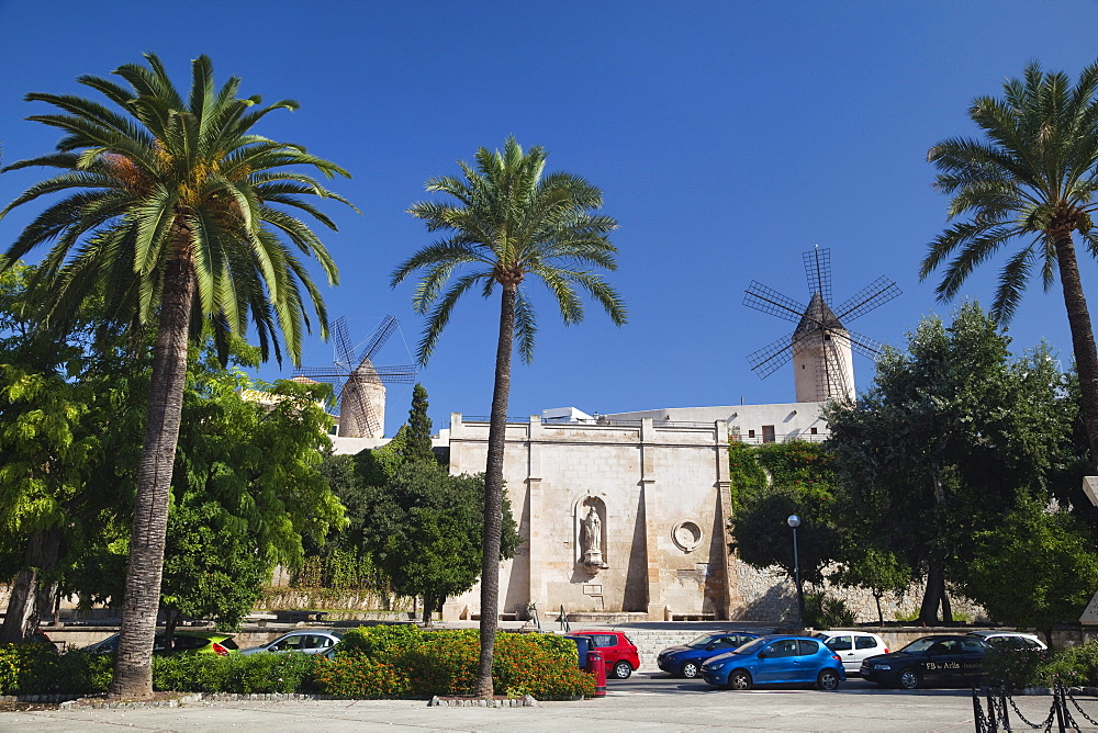 Historic windmills of Es Jonquet with city wall at the Old Town of Palma, Mallorca, Balearic Islands, Mediterranean Sea, Spain, Europe