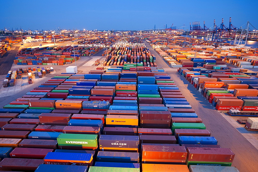 High angle view of container port at night, Port of Hamburg, Germany