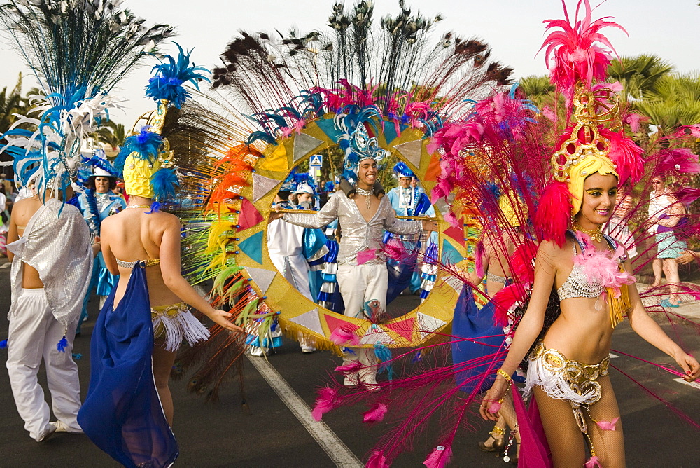 Dancers at the carnival parade, Gran Coso de Carnaval, Costa Teguise, Lanzarote, Canary Islands, Spain, Europe